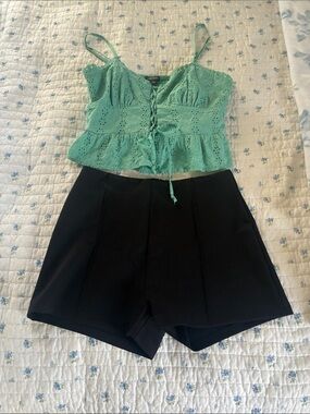 wild fable Mint Eyelet Lace-Up Cropped Cami with black shorts